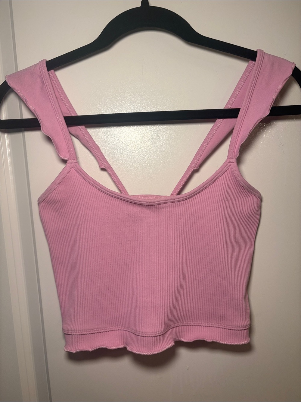 FP Movement by Free People Light Pink Ribbed Double-Strap Crop Tank with Ruffles